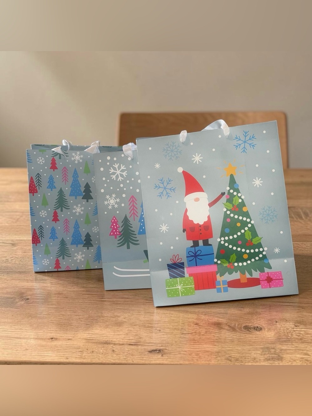 Holiday Gift Bags with Santa & Tree - Blue and Green 3 Pc Set - Picture 2 of 16